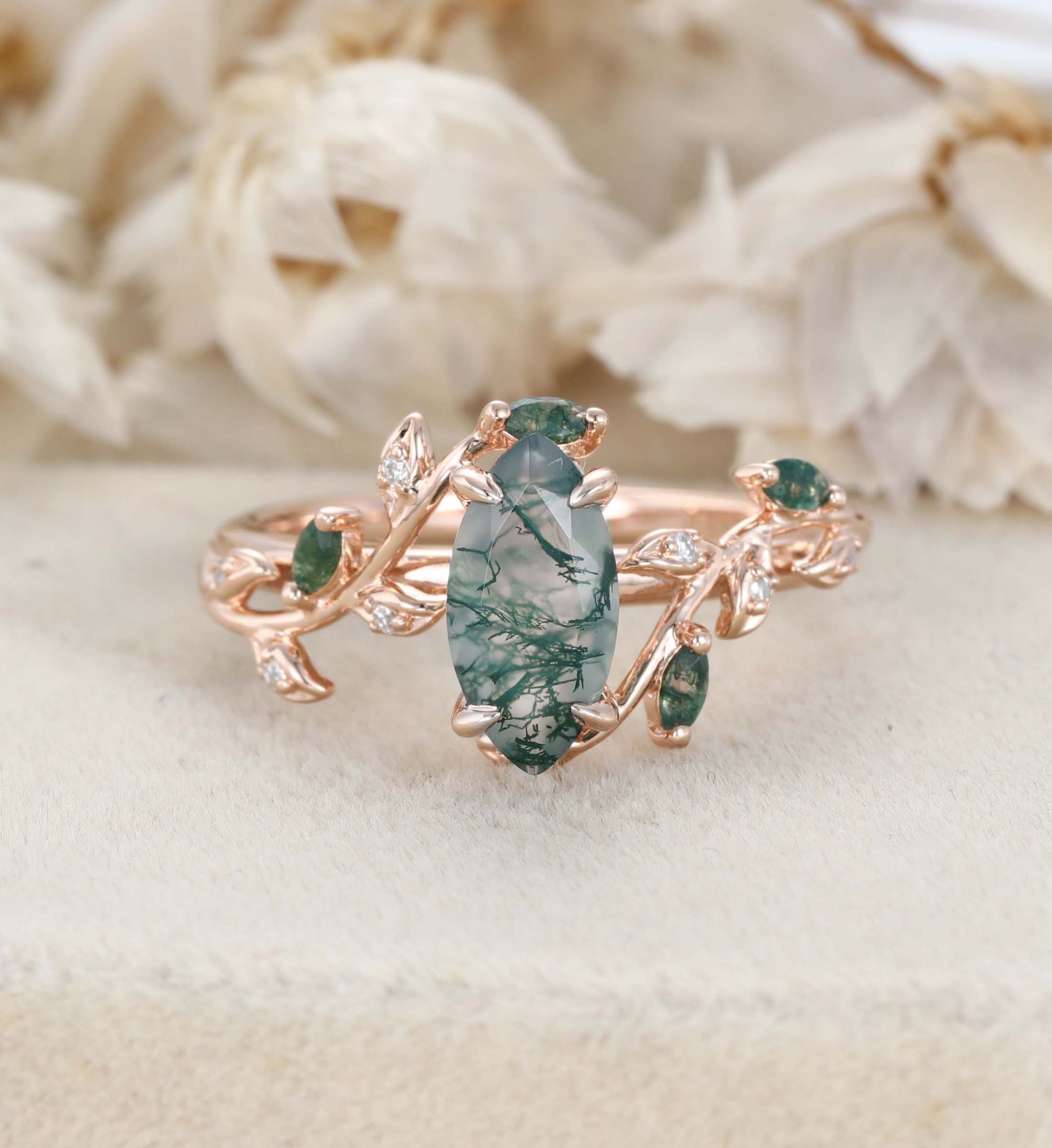 Natural Inspired Marquise Cut Moss Agate Engagement Ring Rose Gold Twist Leaf Ring Branch Anniversary Promise Twist Ring
