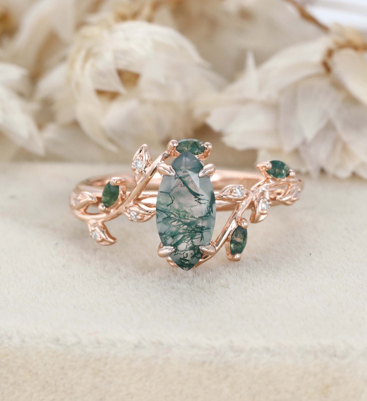 Natural Inspired Marquise Cut Moss Agate Engagement Ring Rose Gold Twist Leaf Ring Branch Anniversary Promise Twist Ring