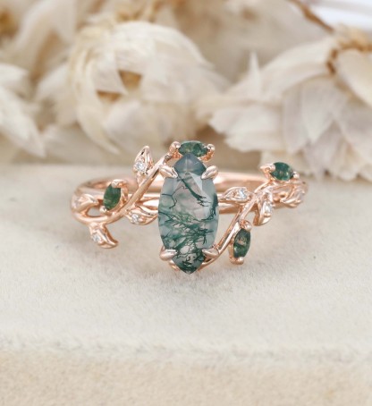 Natural Inspired Marquise Cut Moss Agate Engagement Ring Rose Gold Twist Leaf Ring Branch Anniversary Promise Twist Ring