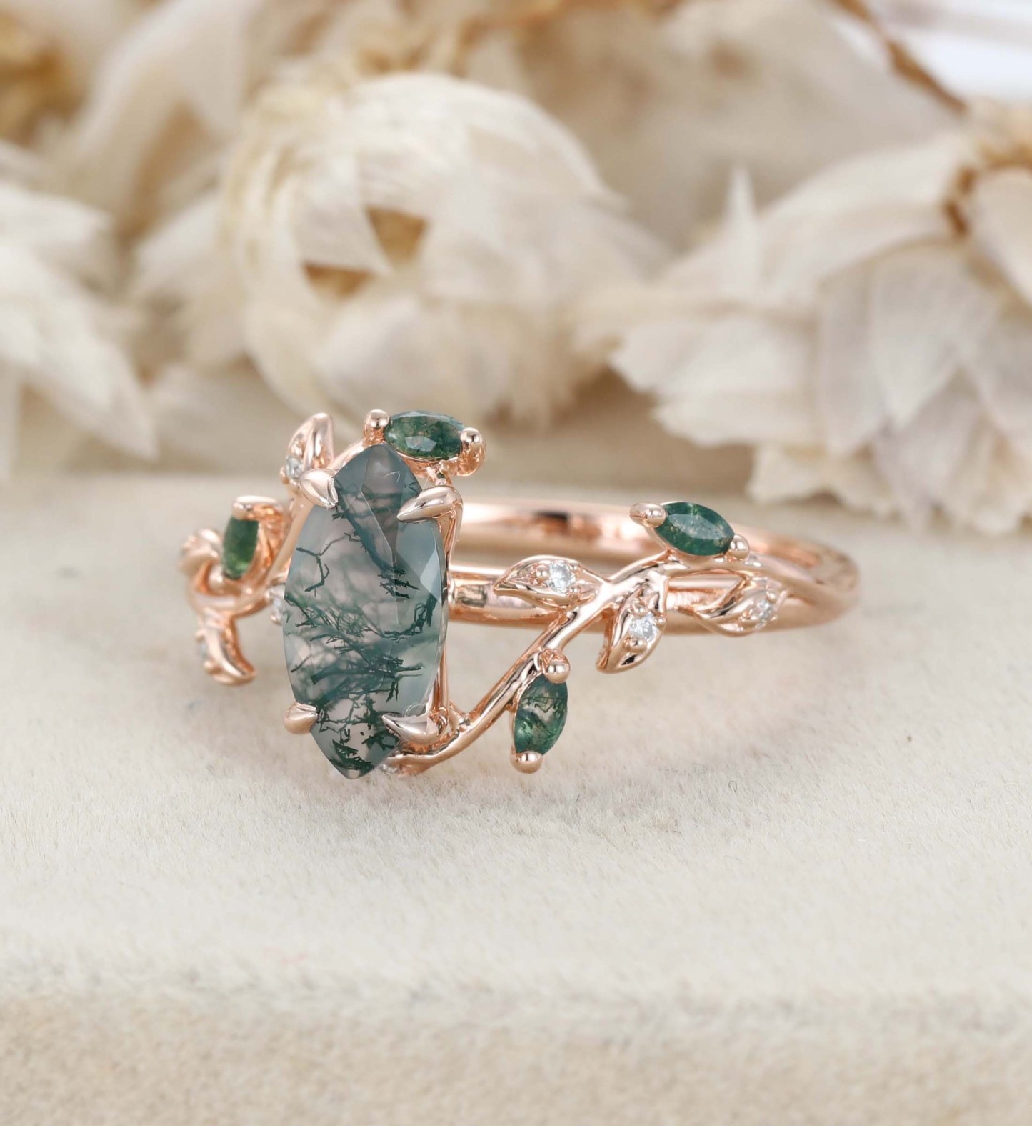 Natural Inspired Marquise Cut Moss Agate Engagement Ring Rose Gold Twist Leaf Ring Branch Anniversary Promise Twist Ring