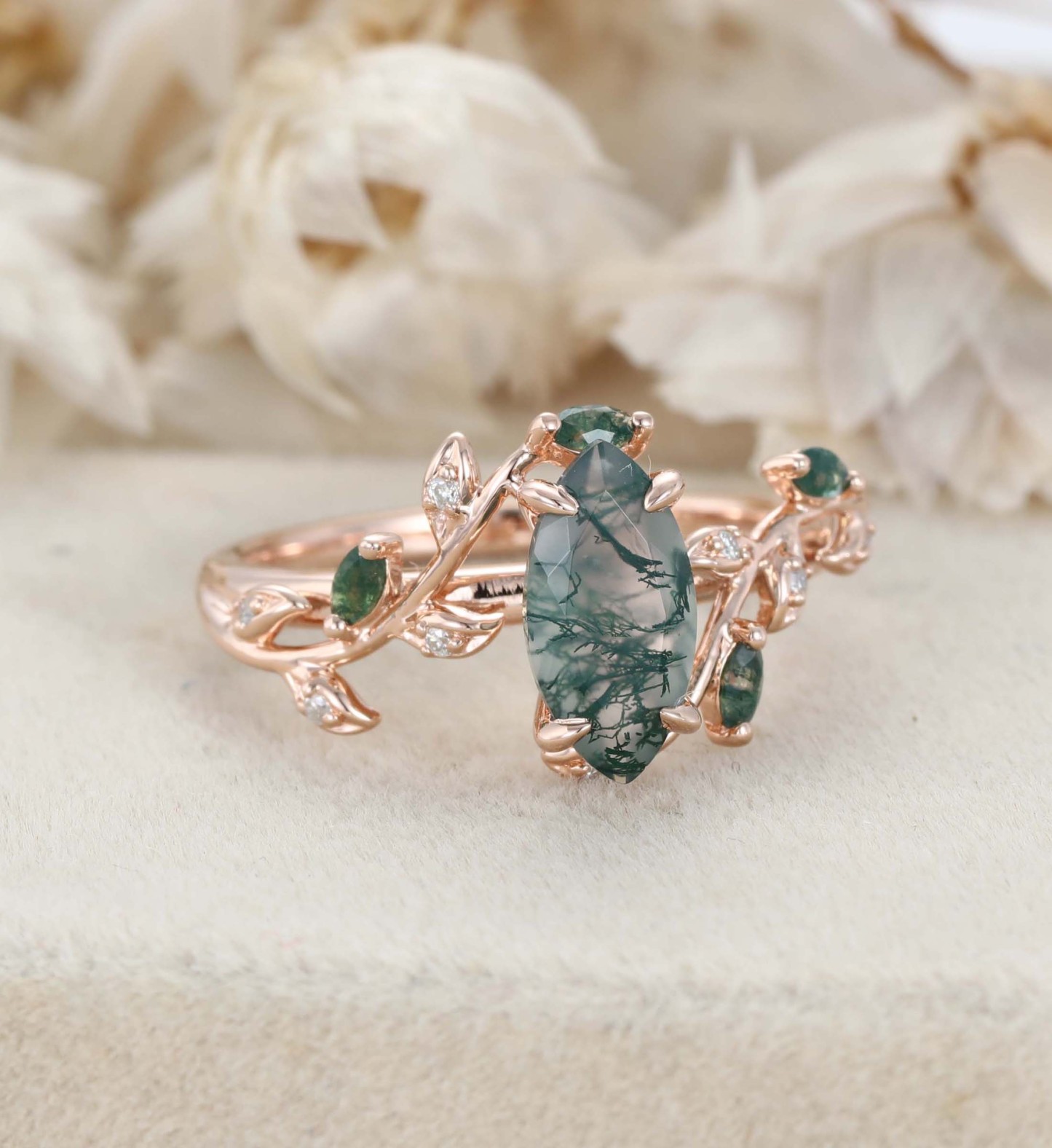 Natural Inspired Marquise Cut Moss Agate Engagement Ring Rose Gold Twist Leaf Ring Branch Anniversary Promise Twist Ring