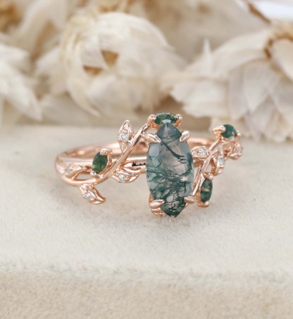 Natural Inspired Marquise Cut Moss Agate Engagement Ring Rose Gold Twist Leaf Ring Branch Anniversary Promise Twist Ring