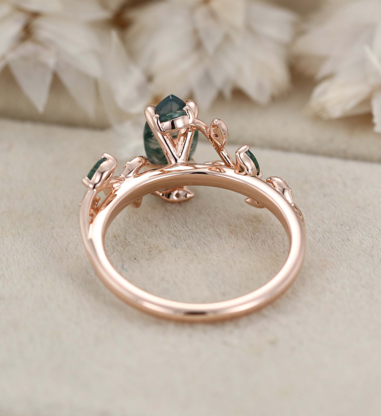 Natural Inspired Marquise Cut Moss Agate Engagement Ring Rose Gold Twist Leaf Ring Branch Anniversary Promise Twist Ring