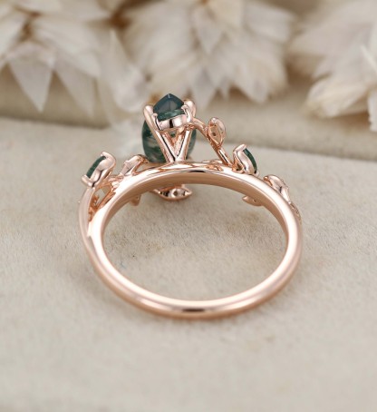 Natural Inspired Marquise Cut Moss Agate Engagement Ring Rose Gold Twist Leaf Ring Branch Anniversary Promise Twist Ring