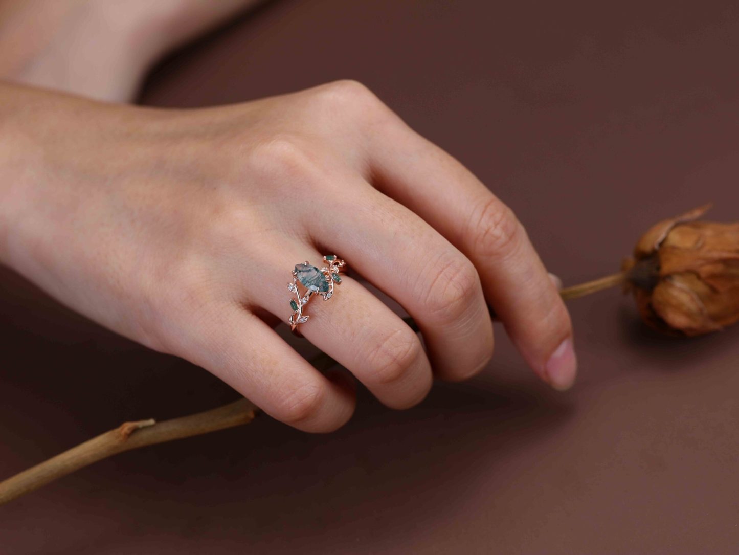 Natural Inspired Marquise Cut Moss Agate Engagement Ring Rose Gold Twist Leaf Ring Branch Anniversary Promise Twist Ring