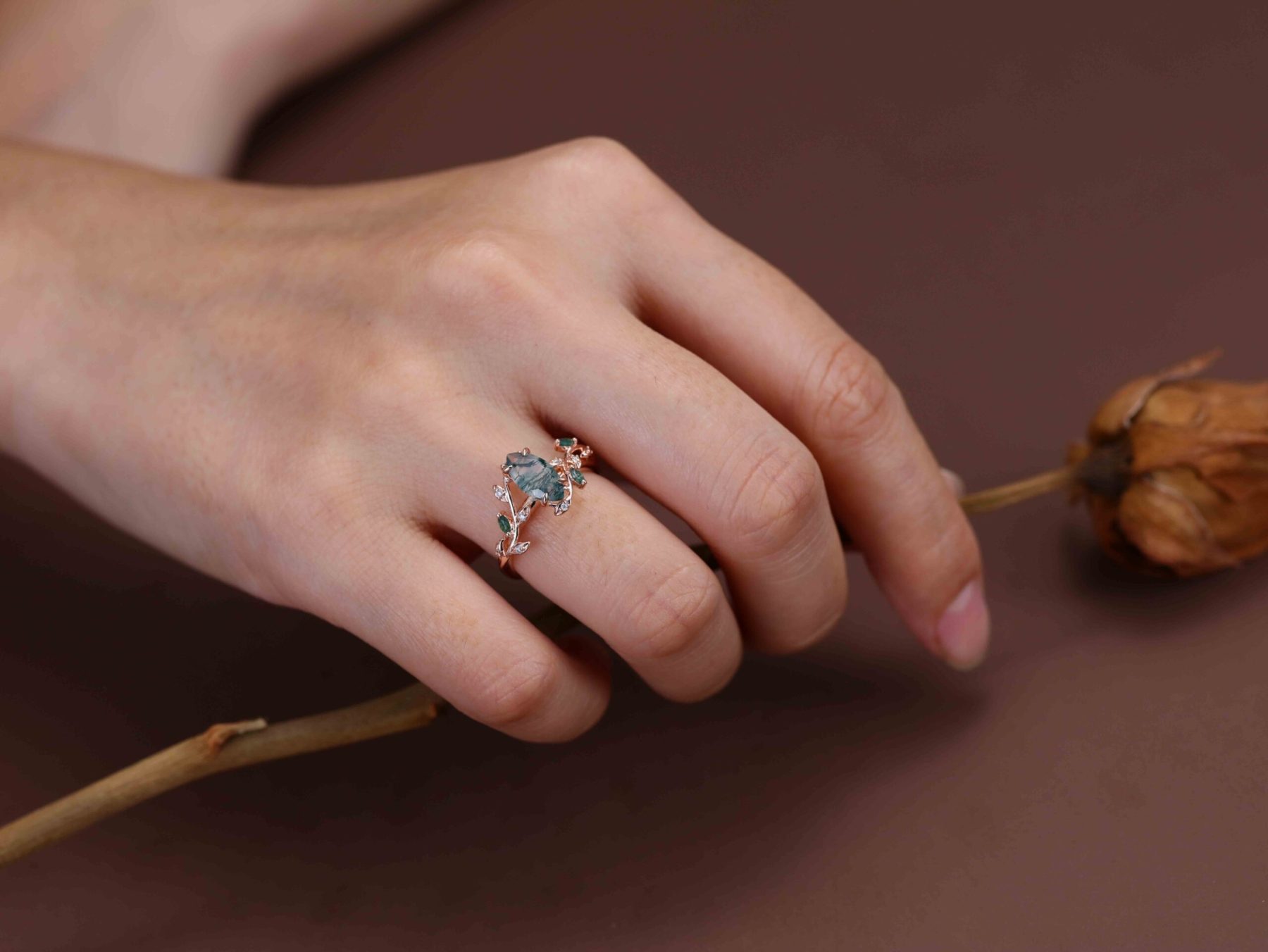 Natural Inspired Marquise Cut Moss Agate Engagement Ring Rose Gold Twist Leaf Ring Branch Anniversary Promise Twist Ring