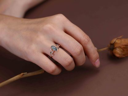Natural Inspired Marquise Cut Moss Agate Engagement Ring Rose Gold Twist Leaf Ring Branch Anniversary Promise Twist Ring
