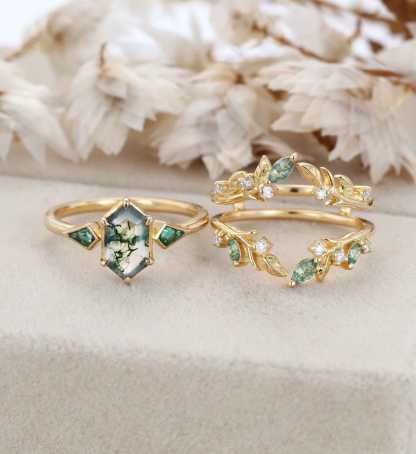 Natural Moss Agate Engagement Ring Set 14k Gold Nature Leaf Moissanite Promise Rings For Women Kite Cut Emerald Wedding Ring