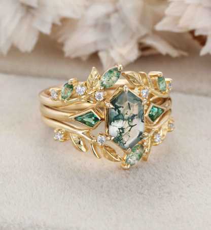 Natural Moss Agate Engagement Ring Set 14k Gold Nature Leaf Moissanite Promise Rings For Women Kite Cut Emerald Wedding Ring