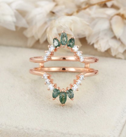 Natural Moss Agate Ring Enhancer Solid Gold Diamonds Double Curved Wedding Band Stacking Matching Moss Agate Promise Rings For Women