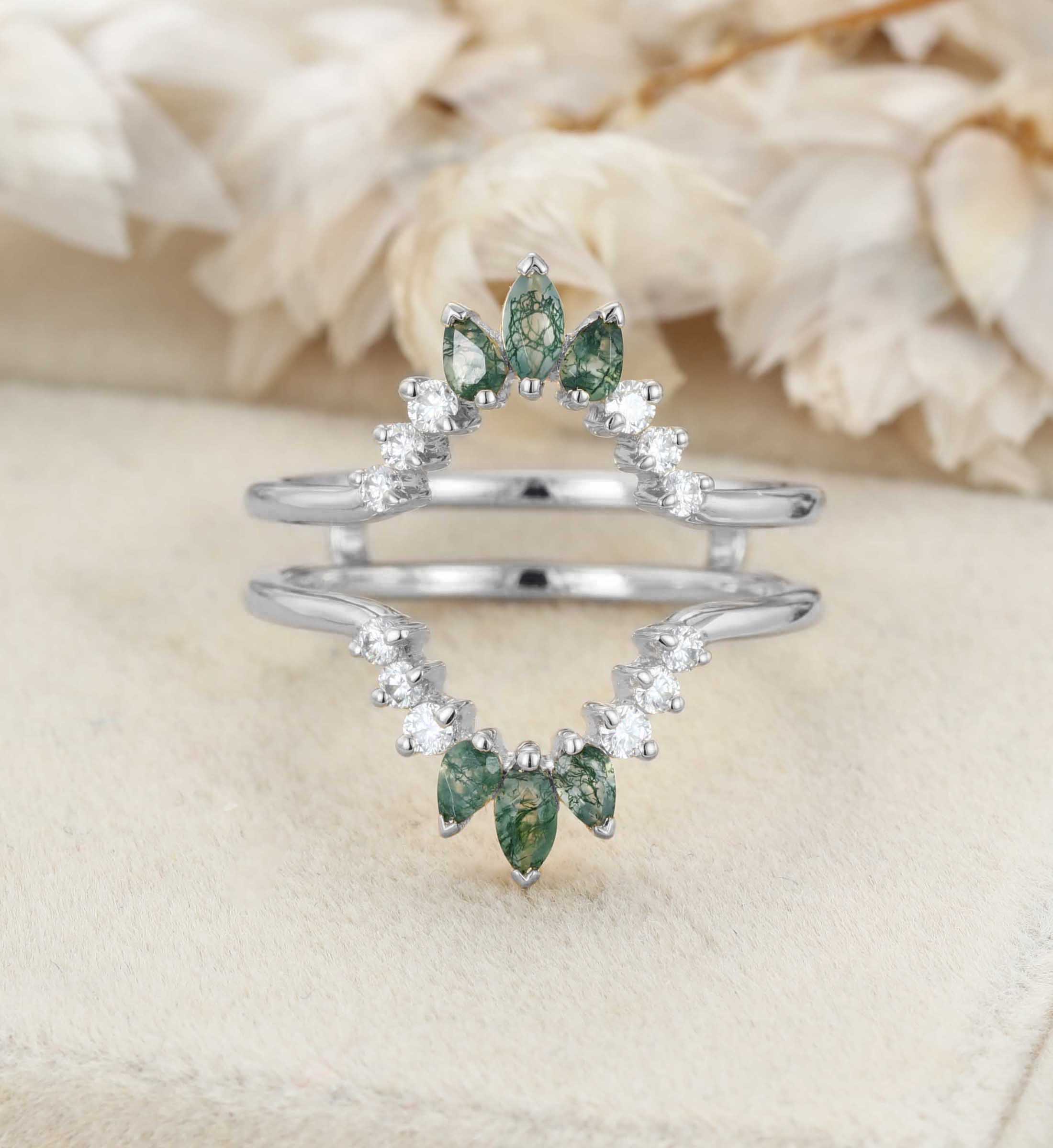 Natural Moss Agate Ring Enhancer Solid Gold Diamonds Double Curved Wedding Band Stacking Matching Moss Agate Promise Rings For Women