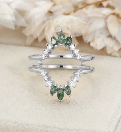 Natural Moss Agate Ring Enhancer Solid Gold Diamonds Double Curved Wedding Band Stacking Matching Moss Agate Promise Rings For Women
