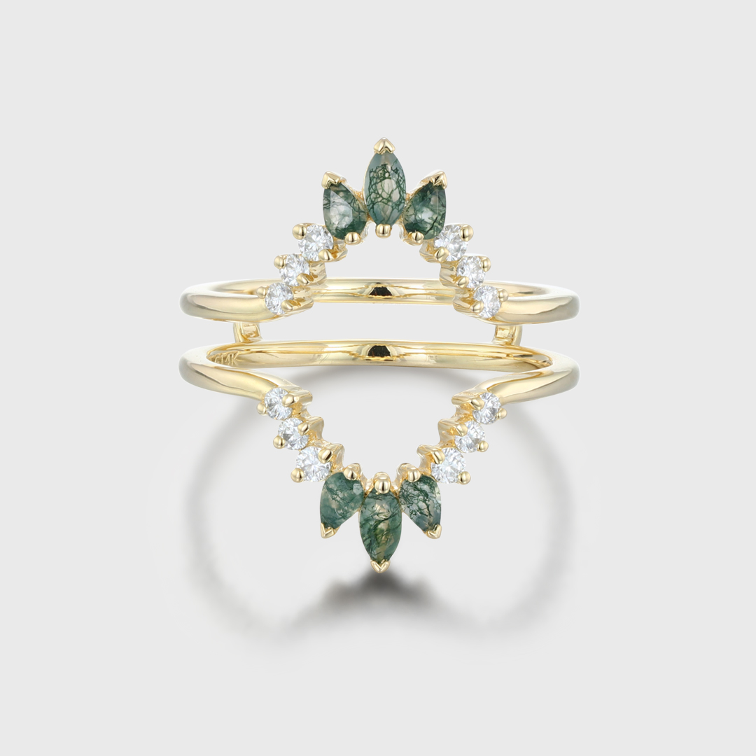 Natural Moss Agate Ring Enhancer Solid Gold Diamonds Double Curved Wedding Band Stacking Matching Moss Agate Promise Rings For Women