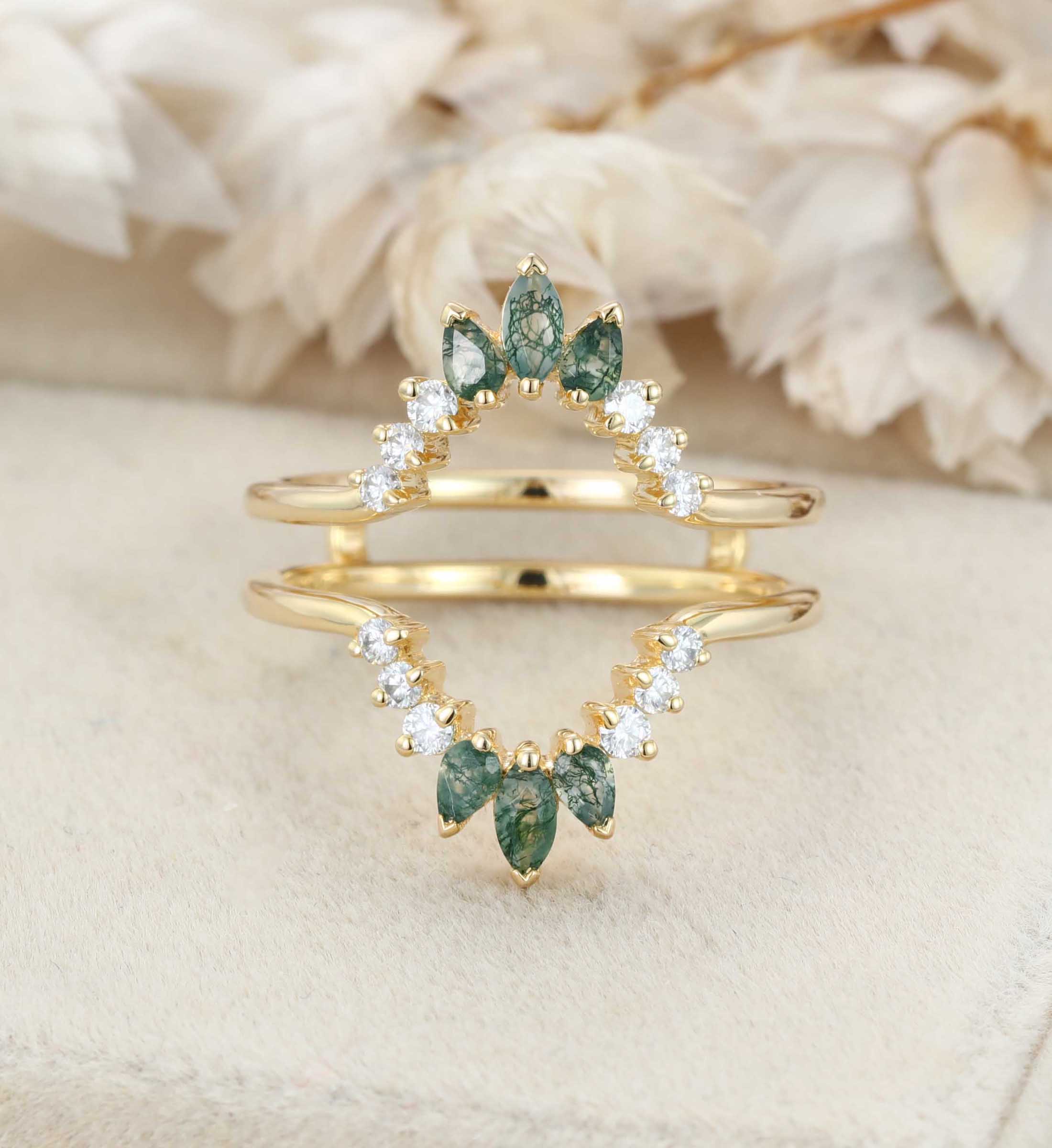 Natural Moss Agate Ring Enhancer Solid Gold Diamonds Double Curved Wedding Band Stacking Matching Moss Agate Promise Rings For Women