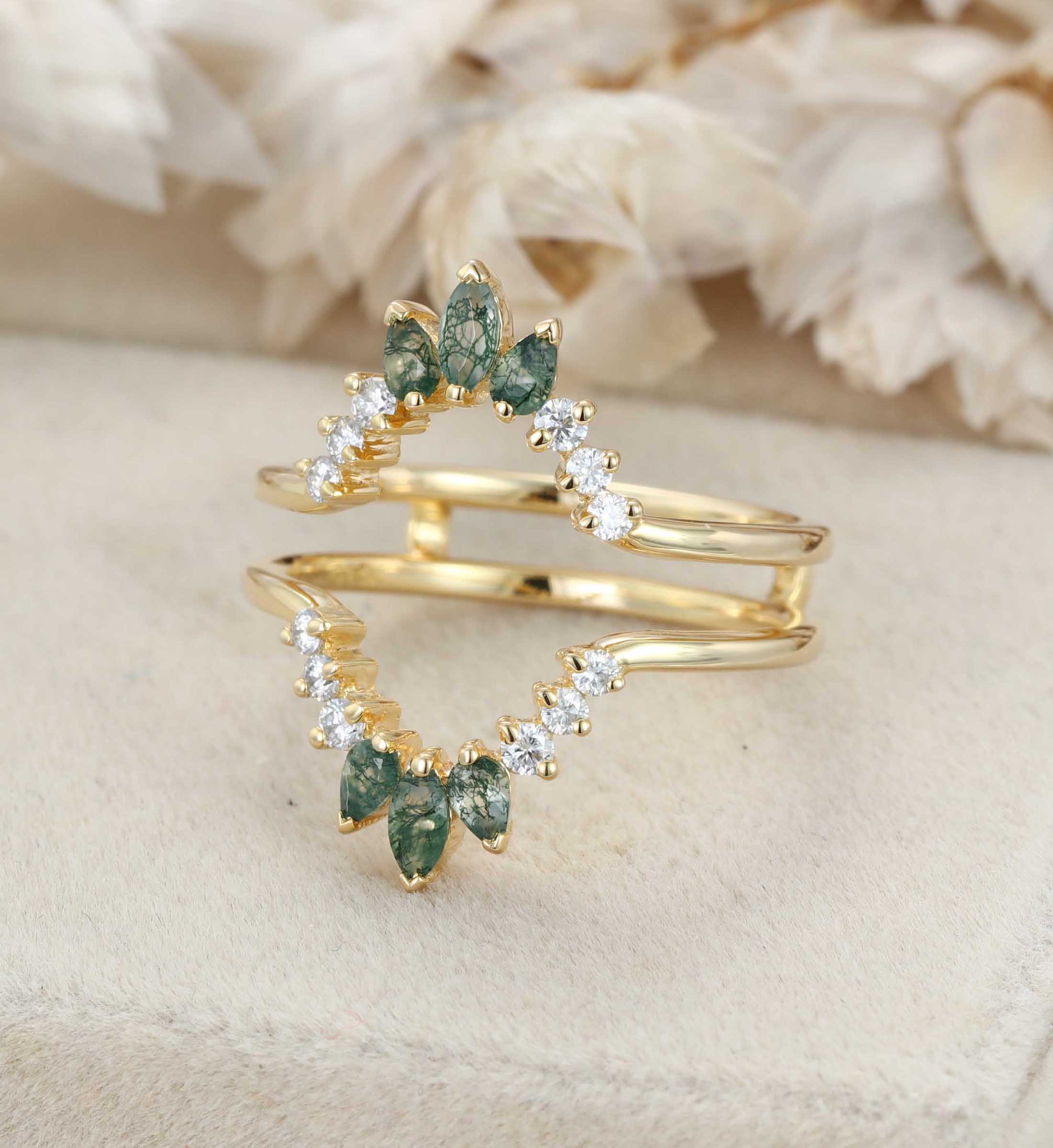 Natural Moss Agate Ring Enhancer Solid Gold Diamonds Double Curved Wedding Band Stacking Matching Moss Agate Promise Rings For Women