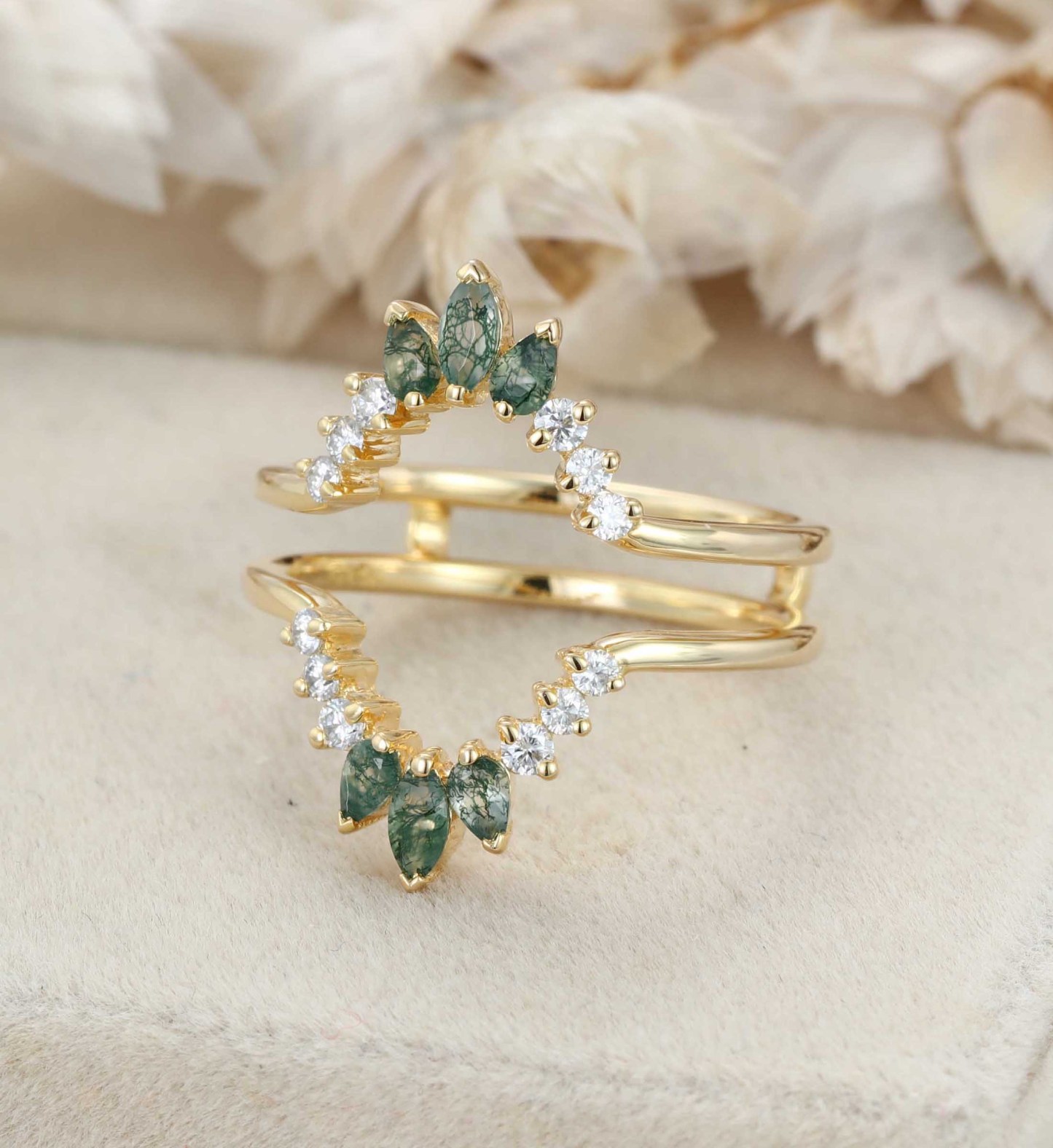 Natural Moss Agate Ring Enhancer Solid Gold Diamonds Double Curved Wedding Band Stacking Matching Moss Agate Promise Rings For Women