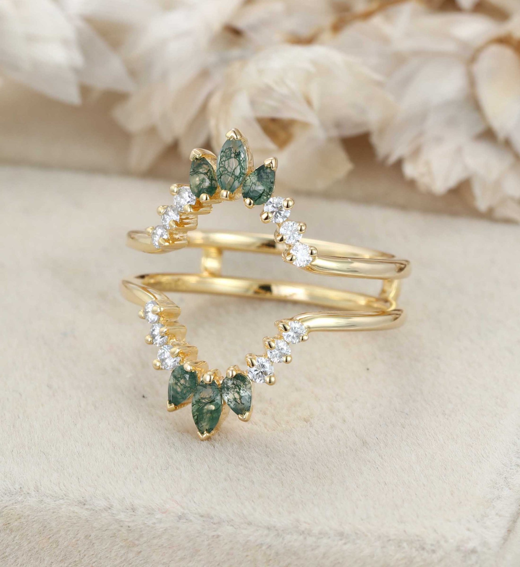 Natural Moss Agate Ring Enhancer Solid Gold Diamonds Double Curved Wedding Band Stacking Matching Moss Agate Promise Rings For Women