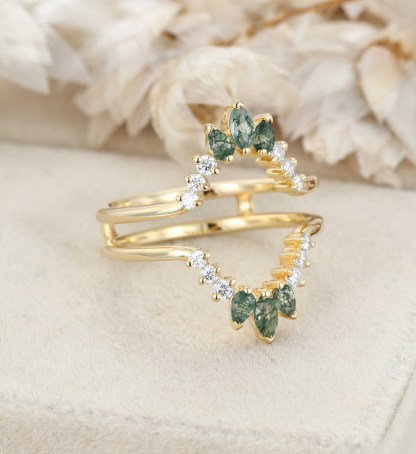Natural Moss Agate Ring Enhancer Solid Gold Diamonds Double Curved Wedding Band Stacking Matching Moss Agate Promise Rings For Women