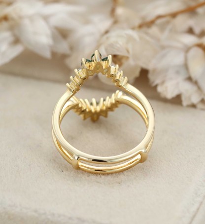 Natural Moss Agate Ring Enhancer Solid Gold Diamonds Double Curved Wedding Band Stacking Matching Moss Agate Promise Rings For Women