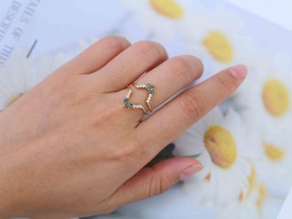 Natural Moss Agate Ring Enhancer Solid Gold Diamonds Double Curved Wedding Band Stacking Matching Moss Agate Promise Rings For Women