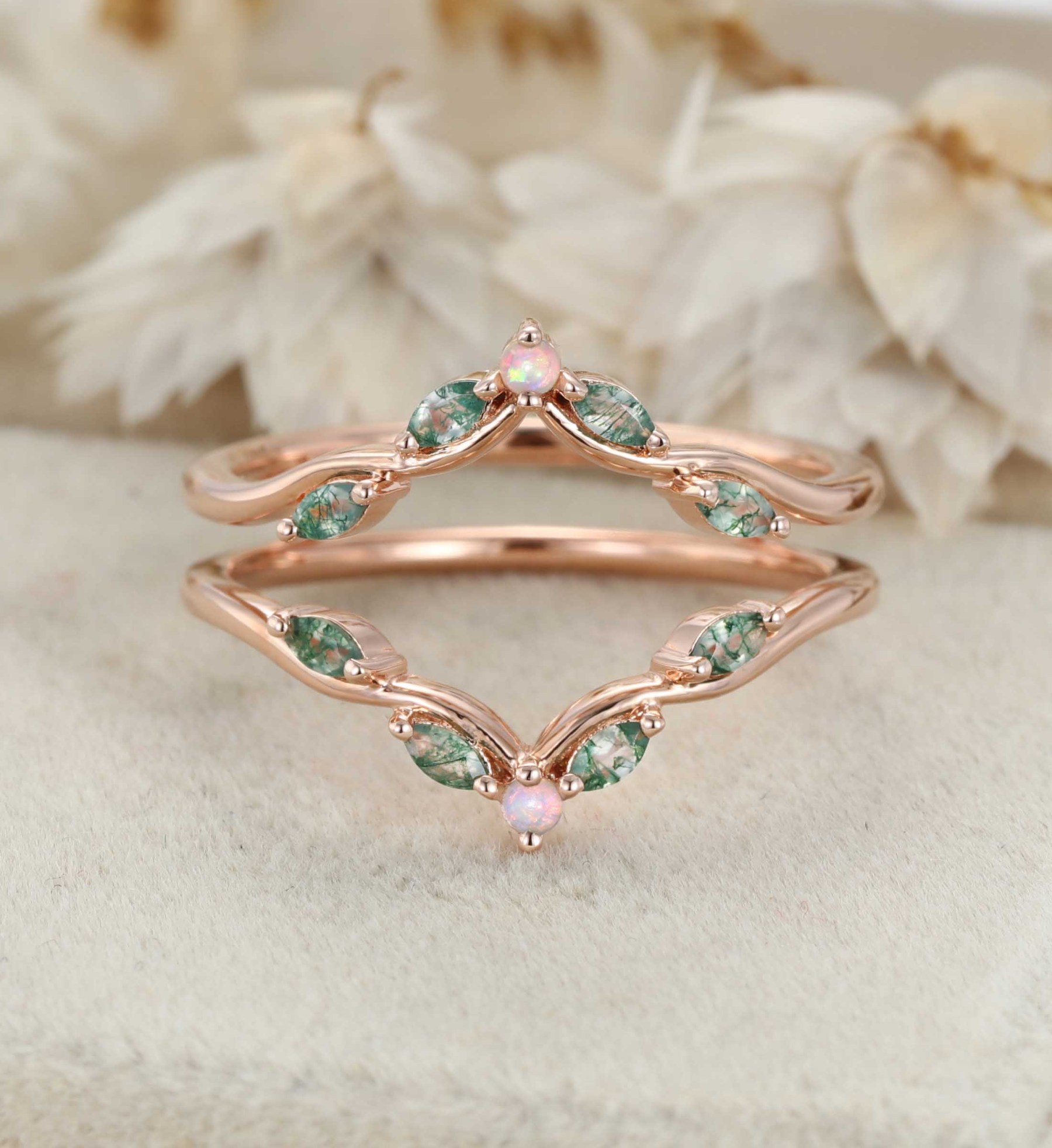 Natural Moss Agate Wedding Band Unique Rose Gold Opal Enhancer Ring Double Marquise Curved Wedding Ring