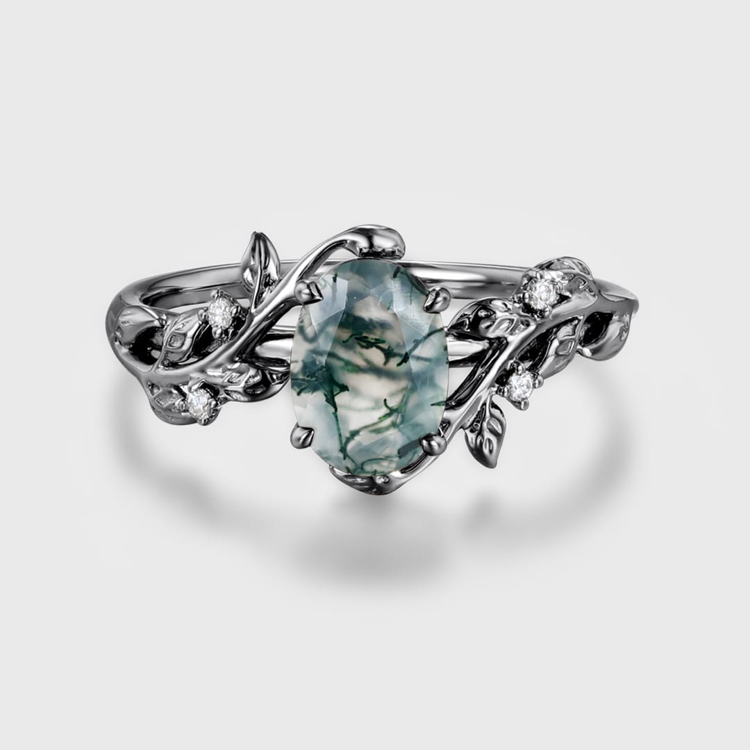 Nature Inspiration Oval Cut Moss Agate Engagement Ring Black Gold Leaf Wedding Ring