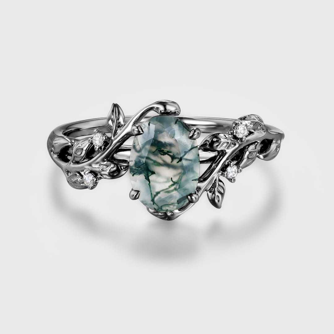Nature Inspiration Oval Cut Moss Agate Engagement Ring Black Gold Leaf Wedding Ring
