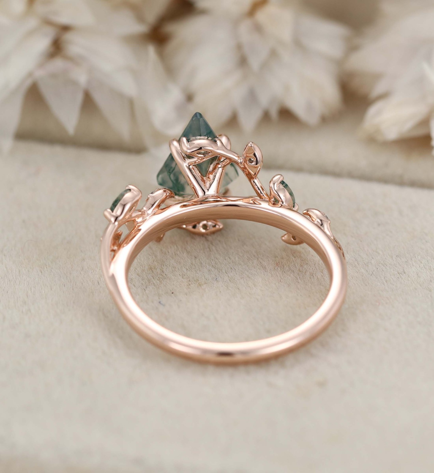 Nature Inspired Kite Cut Moss Agate Engagement Ring Vintage Rose Gold Twist leaf Anniversary Band