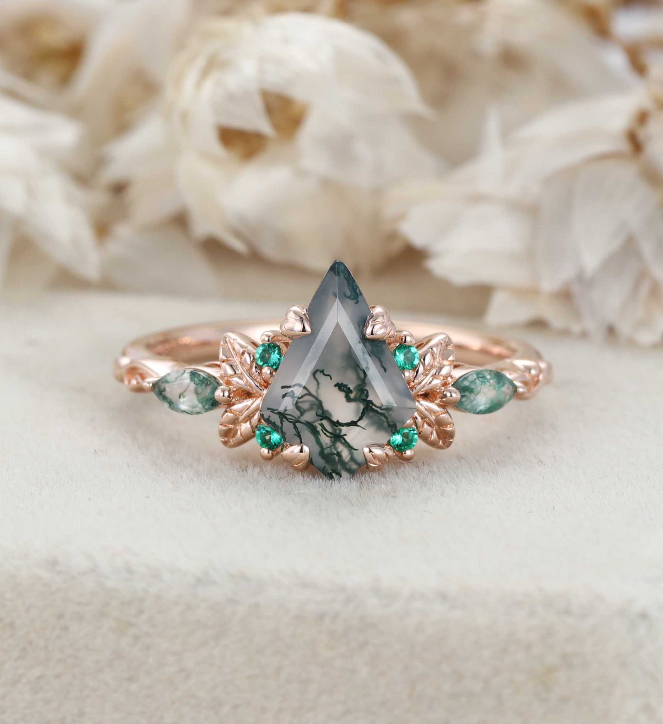 Nature Inspired Kite Cut Moss agate engagement ring Vintage Rose gold Moss+Lab Emeralds engagement ring