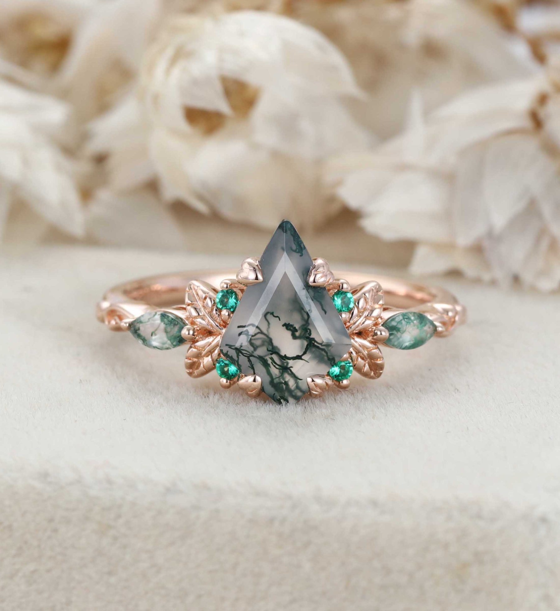 Nature Inspired Kite Cut Moss agate engagement ring Vintage Rose gold Moss+Lab Emeralds engagement ring