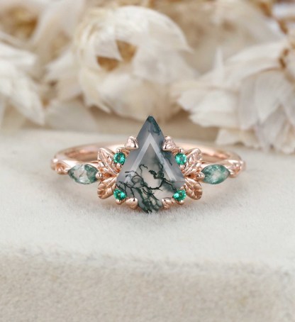 Nature Inspired Kite Cut Moss agate engagement ring Vintage Rose gold Moss+Lab Emeralds engagement ring