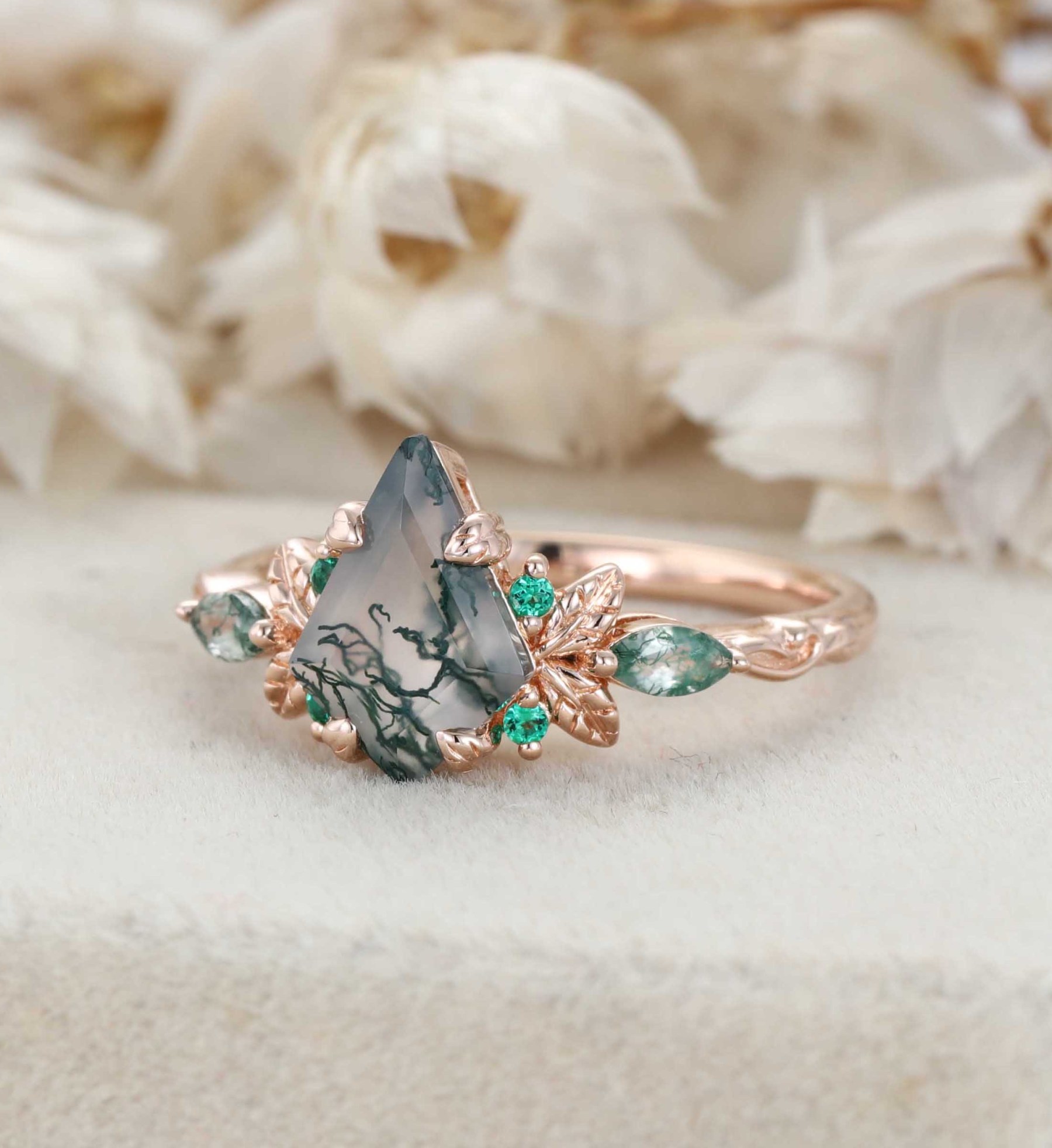 Nature Inspired Kite Cut Moss agate engagement ring Vintage Rose gold Moss+Lab Emeralds engagement ring