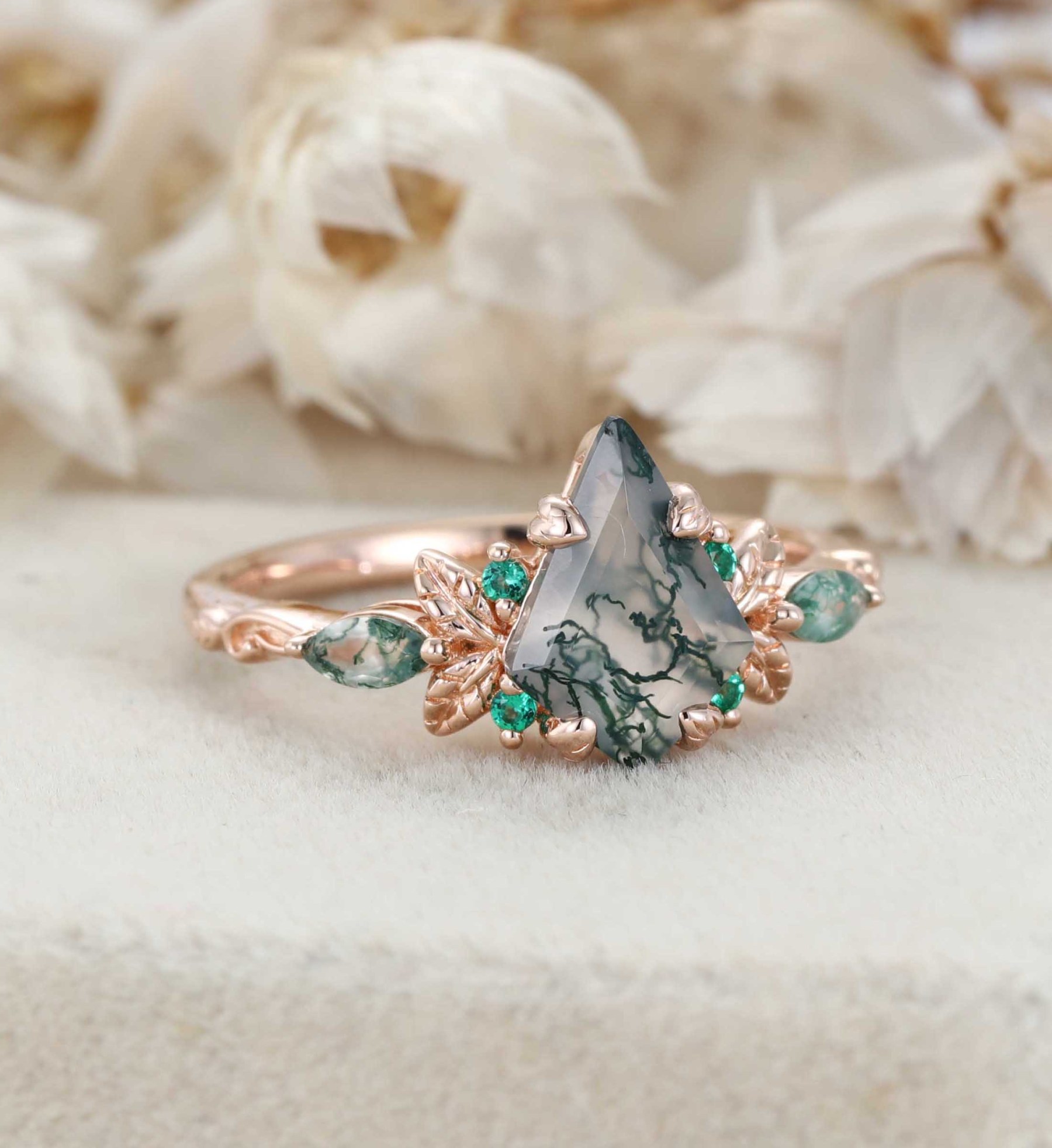 Nature Inspired Kite Cut Moss agate engagement ring Vintage Rose gold Moss+Lab Emeralds engagement ring