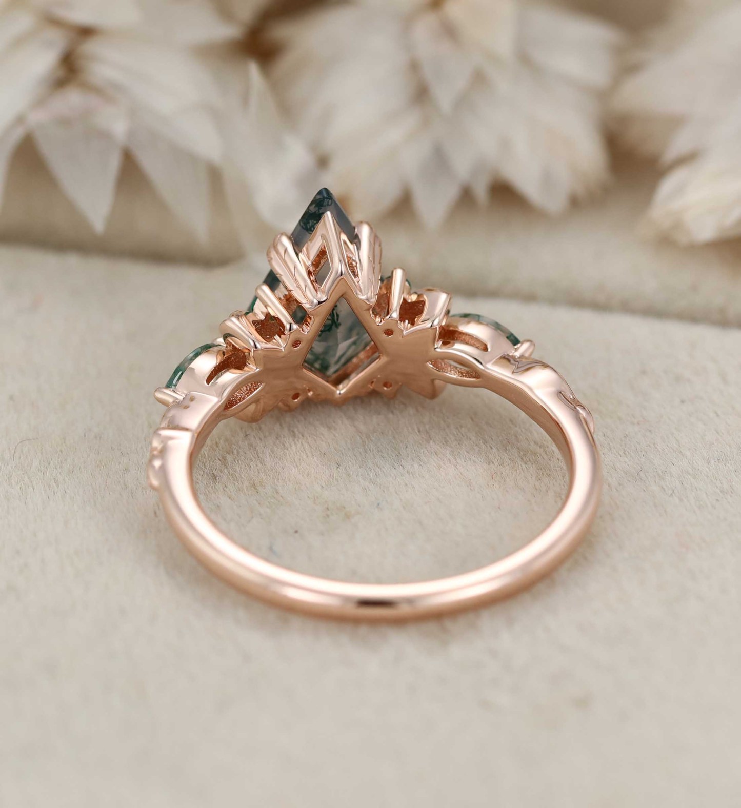 Nature Inspired Kite Cut Moss agate engagement ring Vintage Rose gold Moss+Lab Emeralds engagement ring