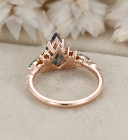 Nature Inspired Kite Cut Moss agate engagement ring Vintage Rose gold Moss+Lab Emeralds engagement ring