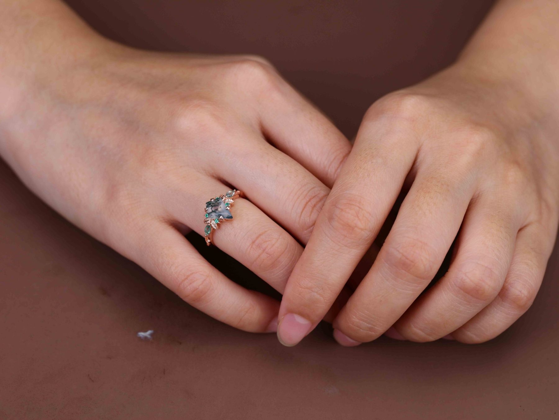 Nature Inspired Kite Cut Moss agate engagement ring Vintage Rose gold Moss+Lab Emeralds engagement ring