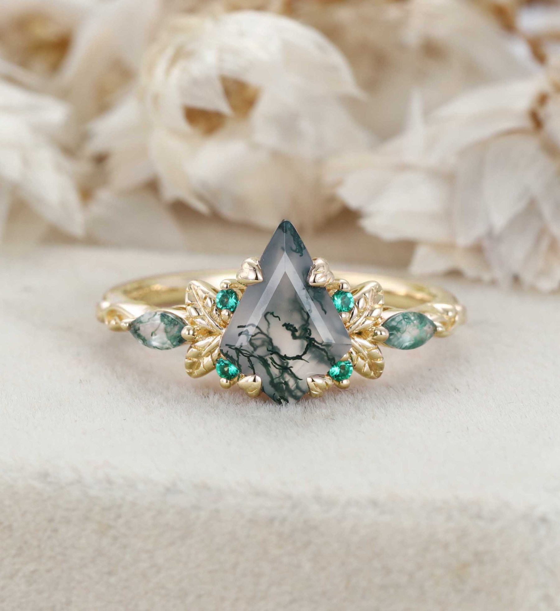 Nature Inspired Kite Cut Moss agate engagement ring Vintage Rose gold Moss+Lab Emeralds engagement ring