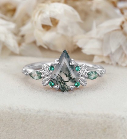 Nature Inspired Kite Cut Moss agate engagement ring Vintage Rose gold Moss+Lab Emeralds engagement ring