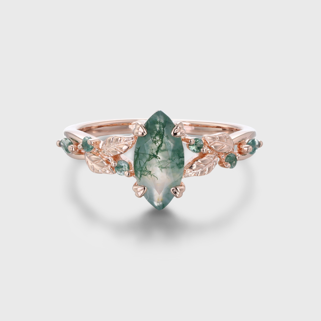 Marquise Cut Moss Agate Engagement Ring in Vintage Rose Gold with Twist Leaf Band Design, Nature-Inspired Wedding and Anniversary Ring