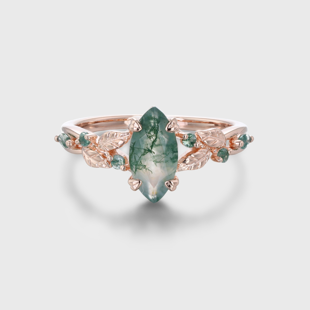 Marquise Cut Moss Agate Engagement Ring in Vintage Rose Gold with Twist Leaf Band Design, Nature-Inspired Wedding and Anniversary Ring