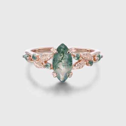 Marquise Cut Moss Agate Engagement Ring in Vintage Rose Gold with Twist Leaf Band Design, Nature-Inspired Wedding and Anniversary Ring