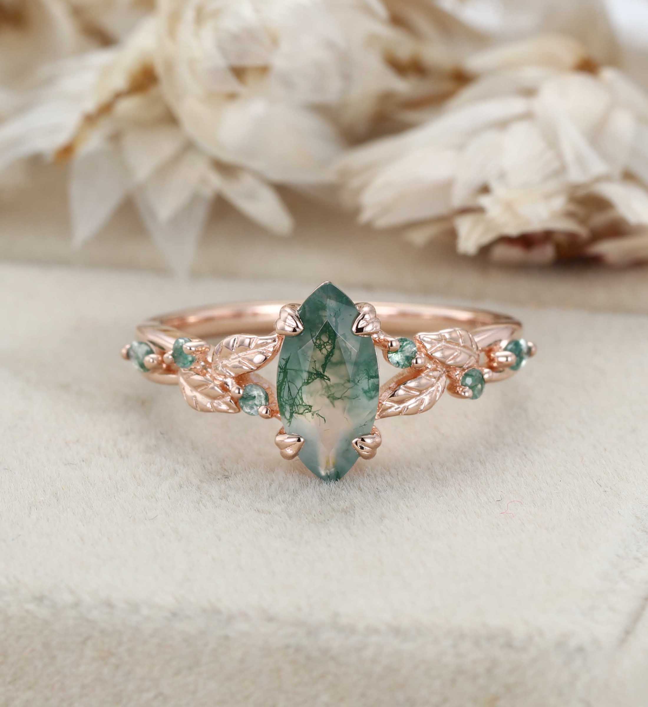 Nature Inspired Marquise Cut Moss Agate Engagement Ring Vintage Rose Gold Wedding Ring Twist leaf Anniversary Band Gift