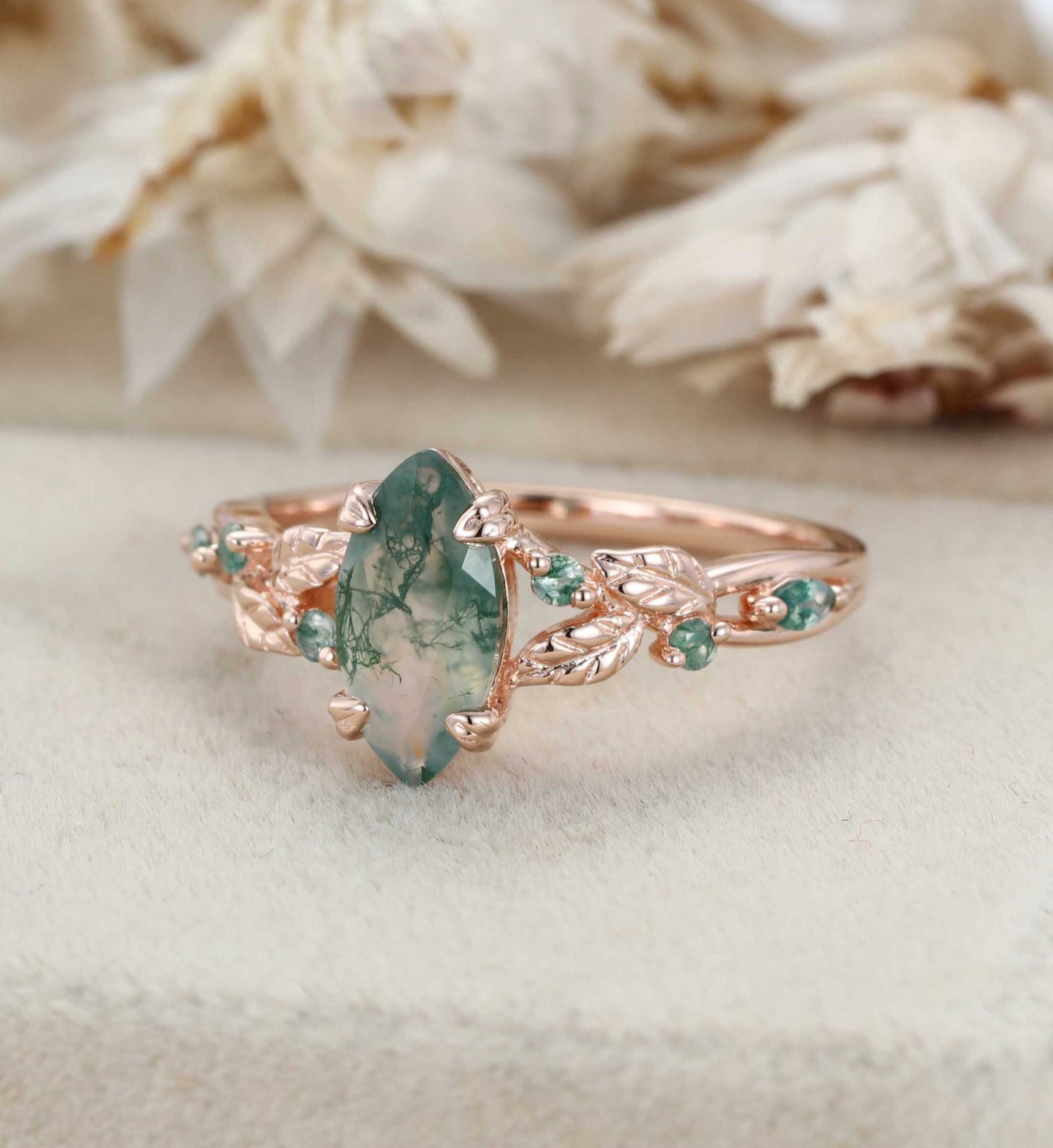 Nature Inspired Marquise Cut Moss Agate Engagement Ring Vintage Rose Gold Wedding Ring Twist leaf Anniversary Band Gift