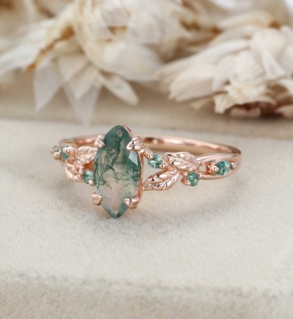 Nature Inspired Marquise Cut Moss Agate Engagement Ring Vintage Rose Gold Wedding Ring Twist leaf Anniversary Band Gift
