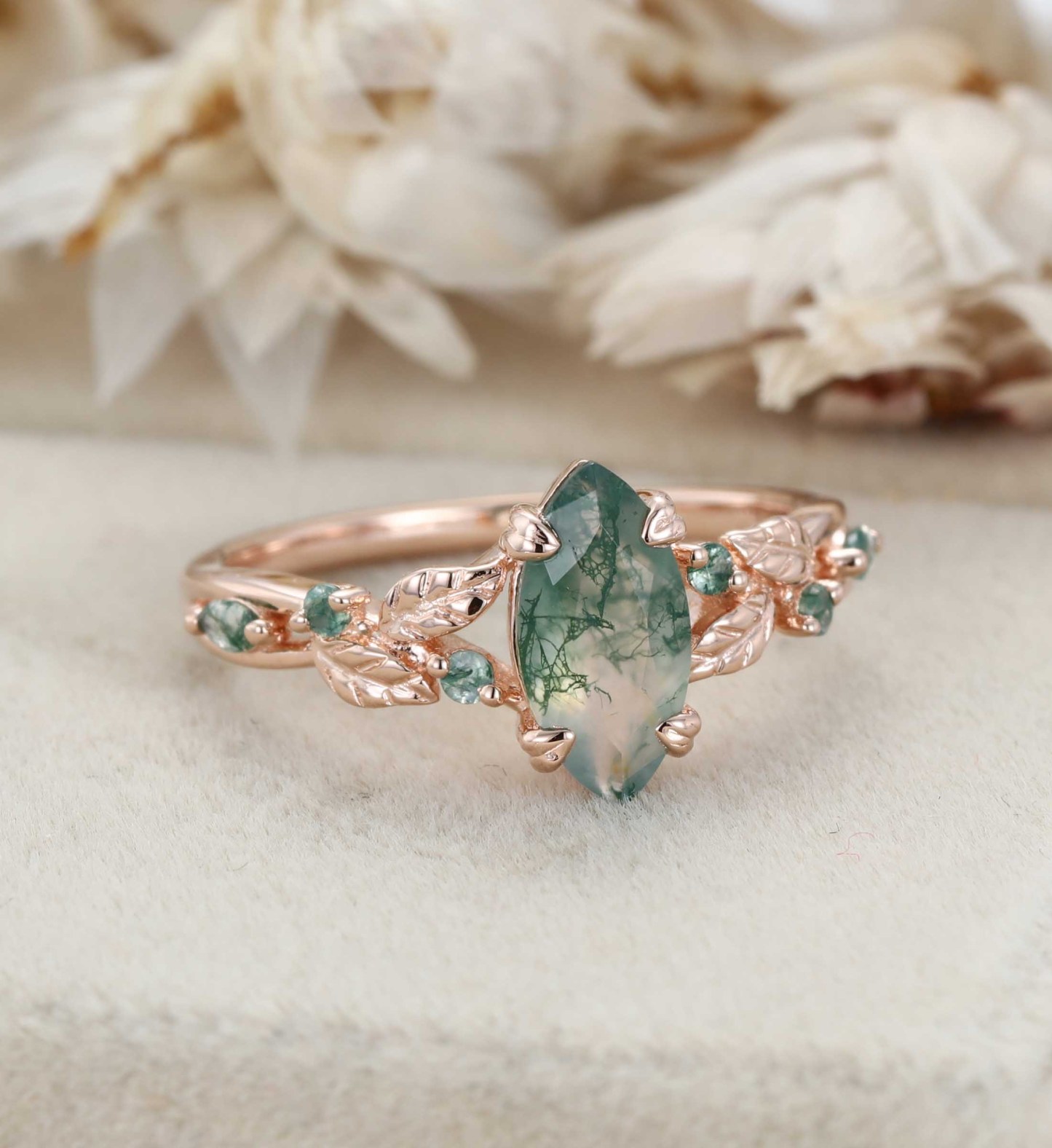 Nature Inspired Marquise Cut Moss Agate Engagement Ring Vintage Rose Gold Wedding Ring Twist leaf Anniversary Band Gift