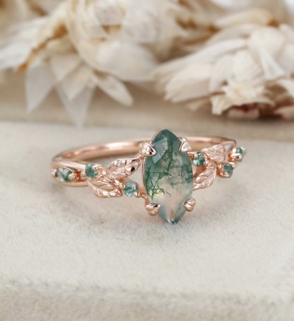 Nature Inspired Marquise Cut Moss Agate Engagement Ring Vintage Rose Gold Wedding Ring Twist leaf Anniversary Band Gift