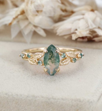 Nature Inspired Marquise Cut Moss Agate Engagement Ring Vintage Rose Gold Wedding Ring Twist leaf Anniversary Band Gift