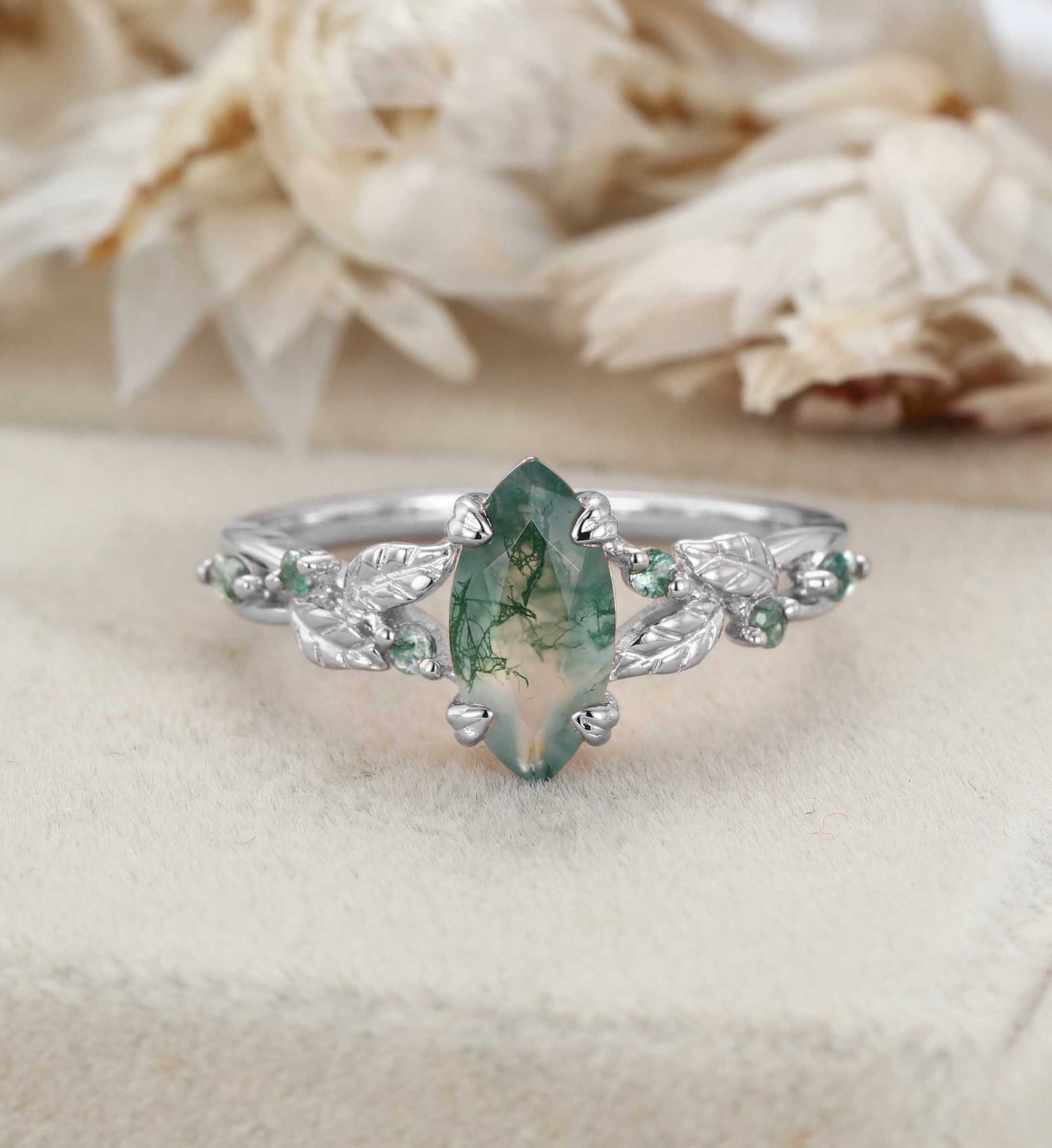 Nature Inspired Marquise Cut Moss Agate Engagement Ring Vintage Rose Gold Wedding Ring Twist leaf Anniversary Band Gift