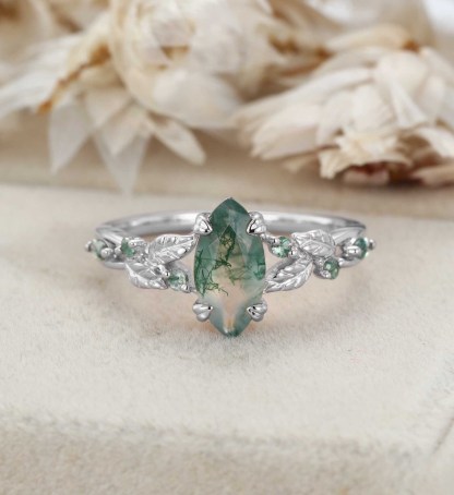 Nature Inspired Marquise Cut Moss Agate Engagement Ring Vintage Rose Gold Wedding Ring Twist leaf Anniversary Band Gift