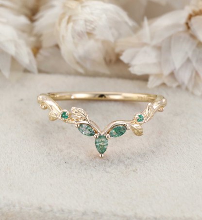Nature Inspired Moss Agate Wedding Band 14K Rose Gold Curved Vintage Curved Leaf Design Wedding Band Anniversary Gifts